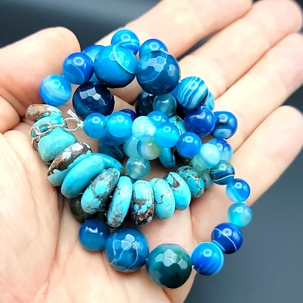 Untreated 495 Cts Natural Turquoise & Onyx Beaded Gemstone Necklace Unisex #1